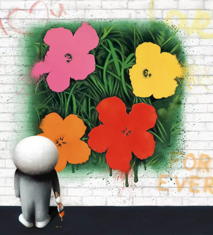 A Doug Hyde limited edition of a person painting big flowers on a wall, the title is Wallflowers