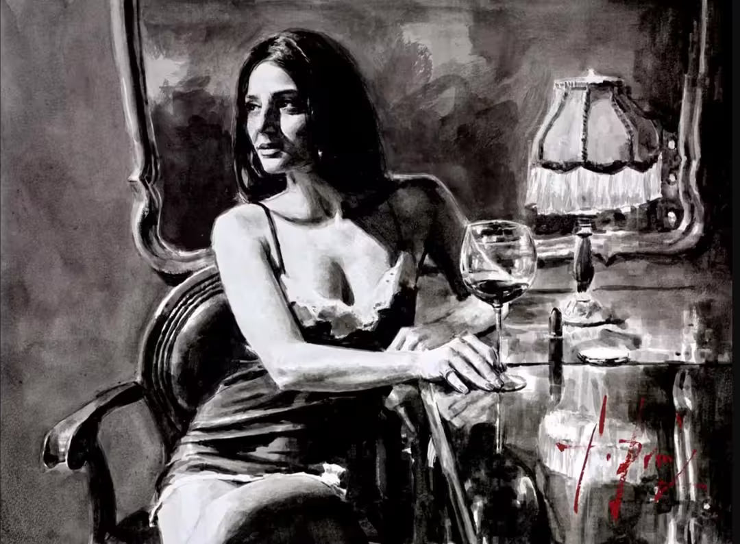 A Fabian Perez black and white original of a lady sat at a desk with a drink, the title is Wandering at Las Brujas II