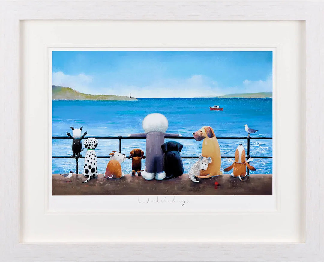 Doug Hyde’s “Watchdogs” capturing a peaceful seaside moment, with playful dog characters lined up beside a figure overlooking the sea.