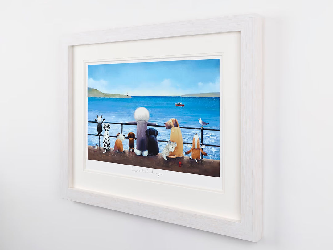Doug Hyde’s “Watchdogs” capturing a peaceful seaside moment, with playful dog characters lined up beside a figure overlooking the sea.