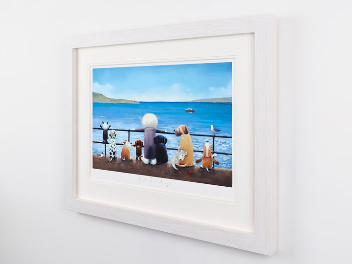 Doug Hyde’s “Watchdogs” capturing a peaceful seaside moment, with playful dog characters lined up beside a figure overlooking the sea.