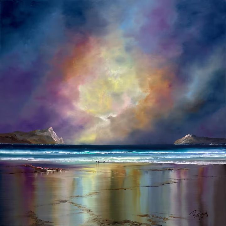 Colorful beach scene with a vibrant sky and reflection on the water. Watching the Sunrise V by Philip Gray