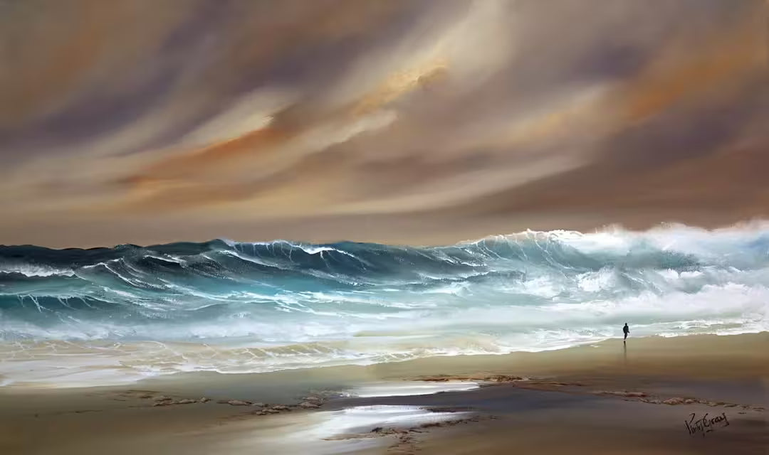 A Philip Gray original of a brown stormy sky with big crashing waves, the title is Waves
