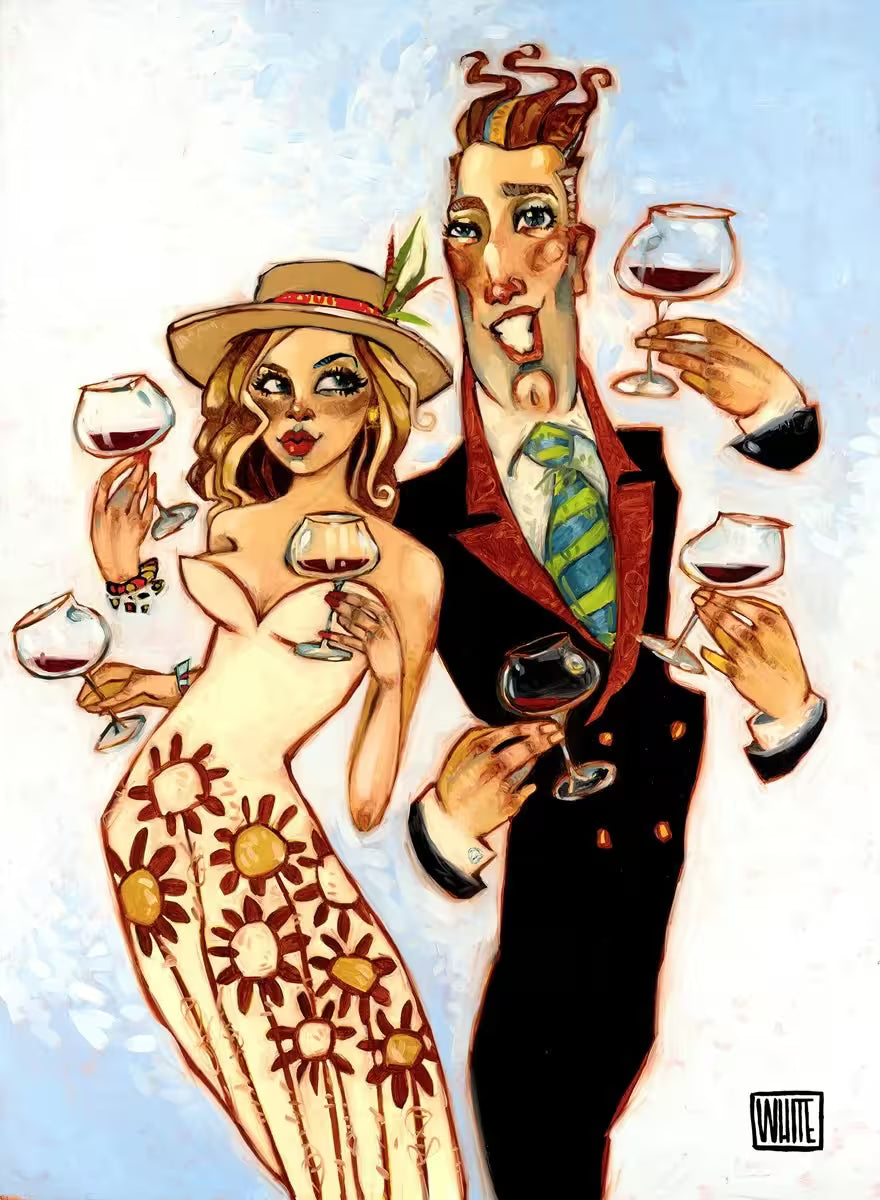 A Todd White limited edition of a well dressed couple holding various wine glasses, the title is We Love To Drink
