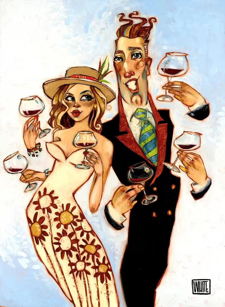 A Todd White limited edition of a well dressed couple holding various wine glasses, the title is We Love To Drink