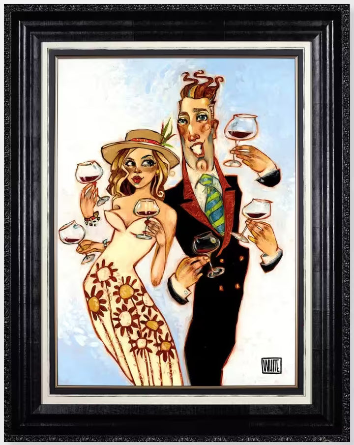 A Todd White framed limited edition of a well dressed couple holding various wine glasses, the title is We Love To Drink
