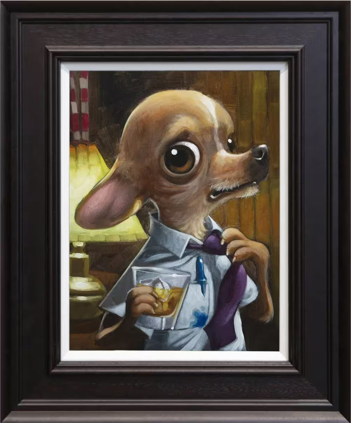 A Craig Davison limited edition of a dog in a shirt and tie having a drink, the title is What A Week