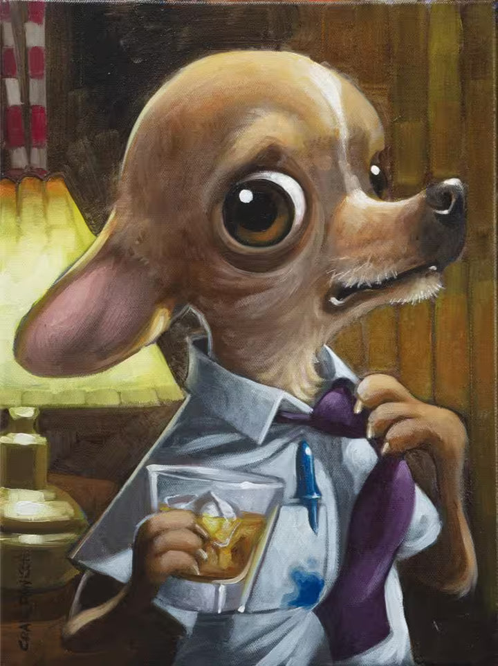 A Craig Davison limited edition of a dog in a shirt and tie having a drink, the title is What A Week