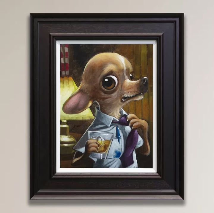 A Craig Davison limited edition of a dog in a shirt and tie having a drink, the title is What A Week