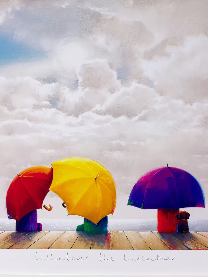 A Doug Hyde limited edition of some people sat underneath umbrellas as a sunny clearing opens, the title is Whatever the Weather