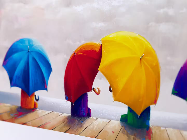 A Doug Hyde limited edition of some people sat underneath umbrellas as a sunny clearing opens, the title is Whatever the Weather