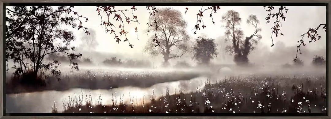 A John Waterhouse limited edition of a misty clearing with a river and bridge, the title is Where Journeys Meet