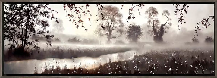 A John Waterhouse limited edition of a misty clearing with a river and bridge, the title is Where Journeys Meet