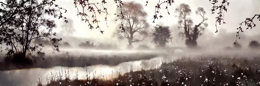 A John Waterhouse limited edition of a misty clearing with a river and bridge, the title is Where Journeys Meet