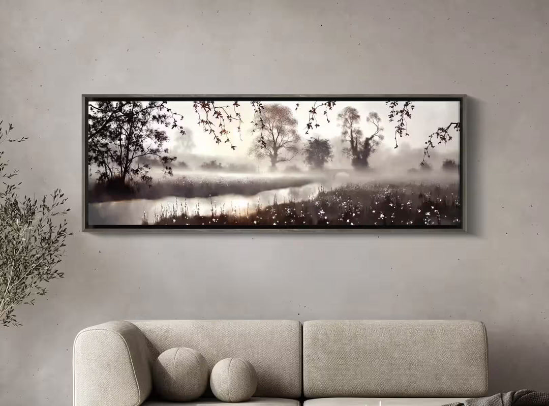 A John Waterhouse limited edition of a misty clearing with a river and bridge, the title is Where Journeys Meet