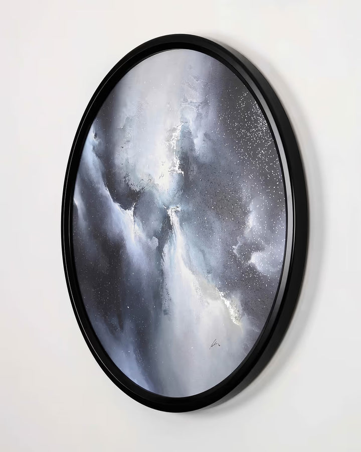 Where Light Begins circular abstract with blue and grey colours by Simon Kenny
