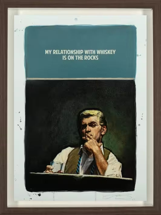 A framed limited edition print by The Connor Brothers of a man smoking a cigarette and a drink in his hand, the title is My Relationship With Whiskey