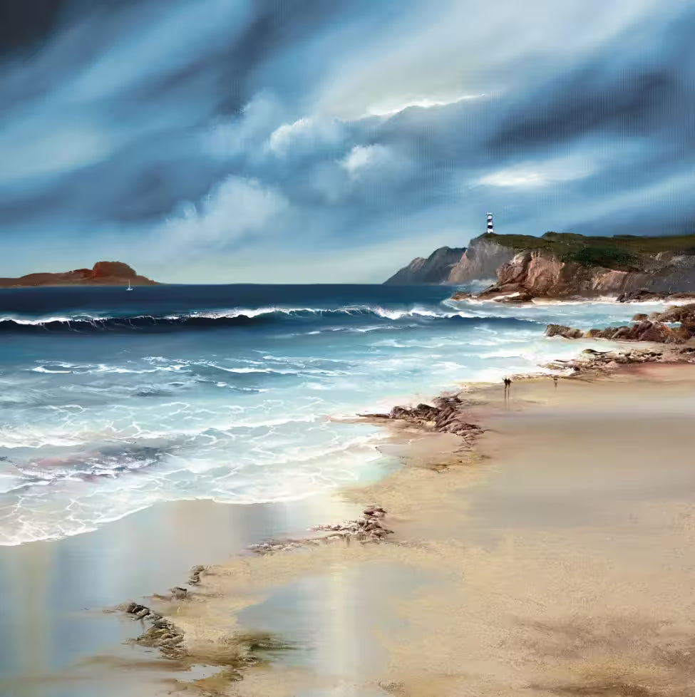 A Philip Gray limited edition of a calm shoreline looking over a lighthouse and some dark clouds, the title is Whispering Tides