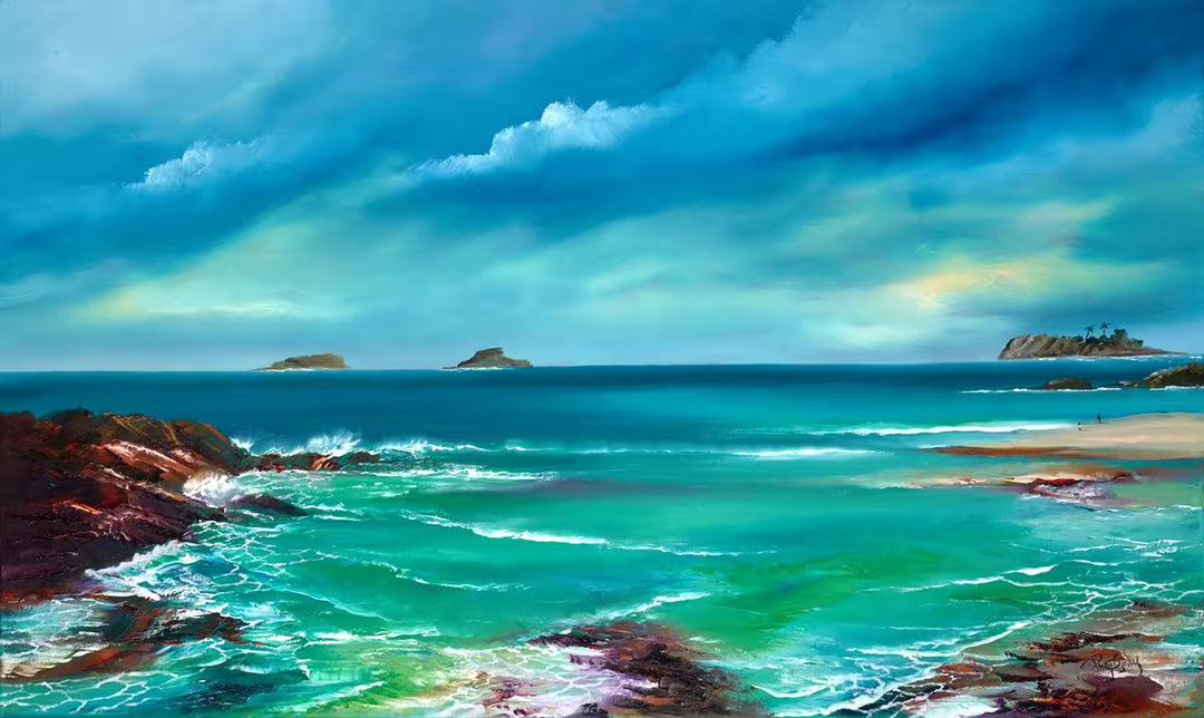 A Philip Gray original of a turquoise sea, the title is Whispers from the Isle