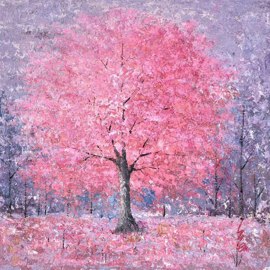 Painting of a pink cherry blossom tree against a grey background, Whispers of the Woodland VI by Inam