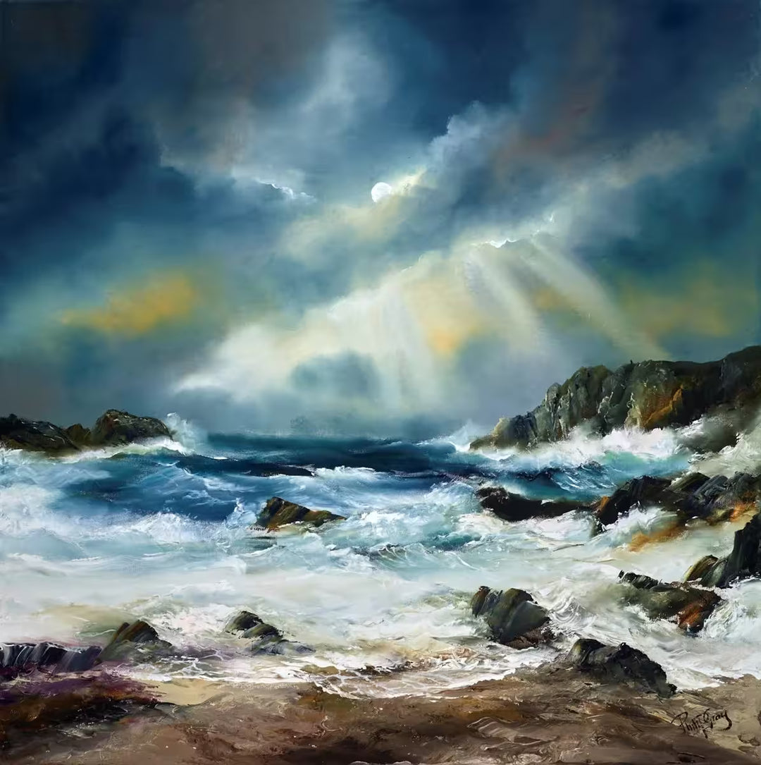 A Philip Gray original of a blue stormy sky with strong waves crashing into rocks, the title is Wild Waves