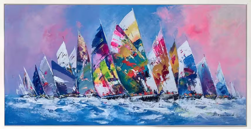 Colorful sailboats on a blue and pink water painting