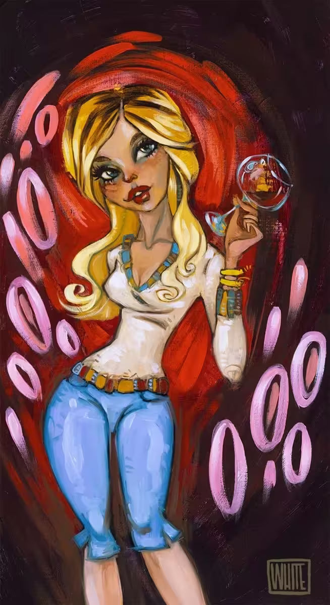 A Todd White limited edition of a blonde lady holding a wine glass, the title is Wine Over Love