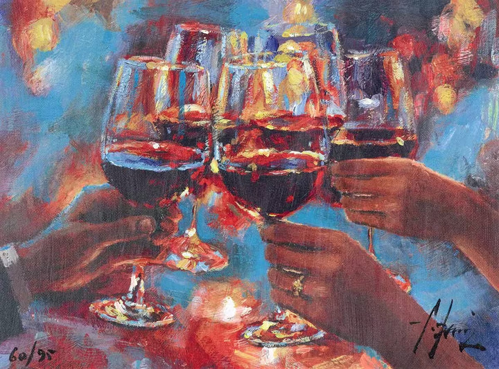 A Fabian Perez limited edition of wine glasses being cheered with red wine inside, the title is Wine and Blue Lights Red