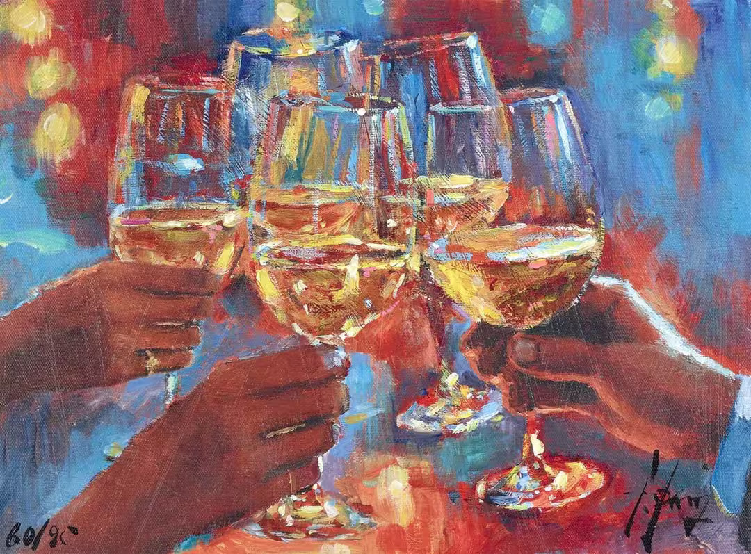 A Fabian Perez limited edition of wine glasses being cheered with white wine inside, the title is Wine and Blue Lights White