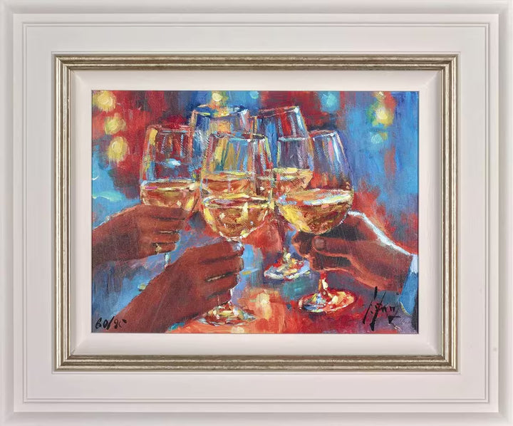 A Fabian Perez framed limited edition of wine glasses being cheered with white wine inside, the title is Wine and Blue Lights White