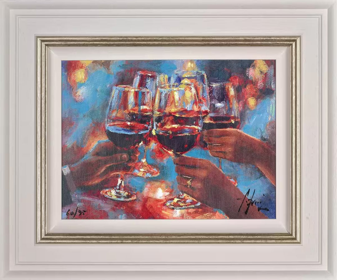 A Fabian Perez framed limited edition of wine glasses being cheered with red wine inside, the title is Wine and Blue Lights Red
