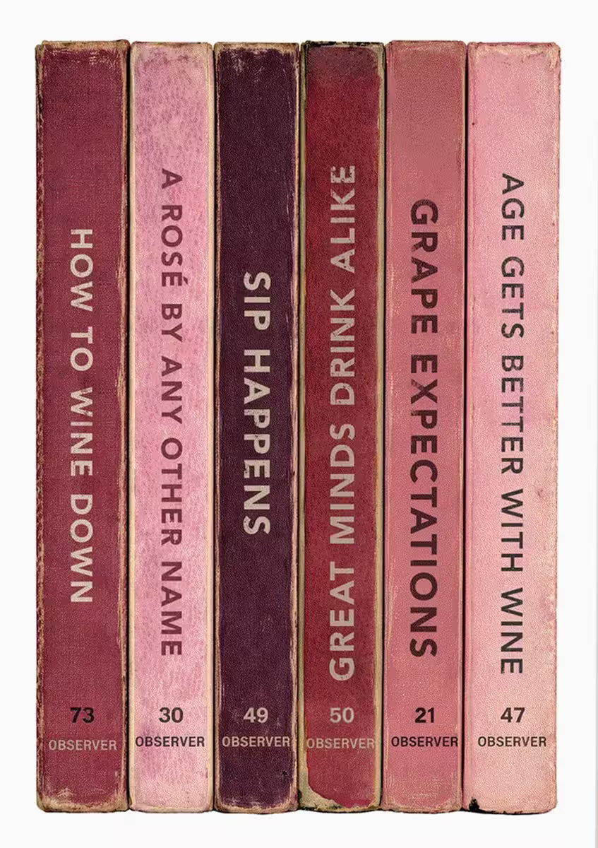 Set of six books with humorous wine-themed titles on a white background, art ppiece from the Connor Brothers titled Wine