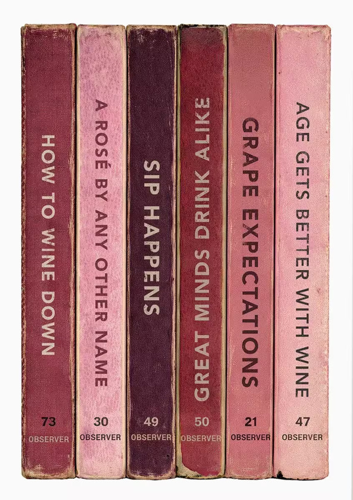 Set of six books with humorous wine-themed titles on a white background, art ppiece from the Connor Brothers titled Wine