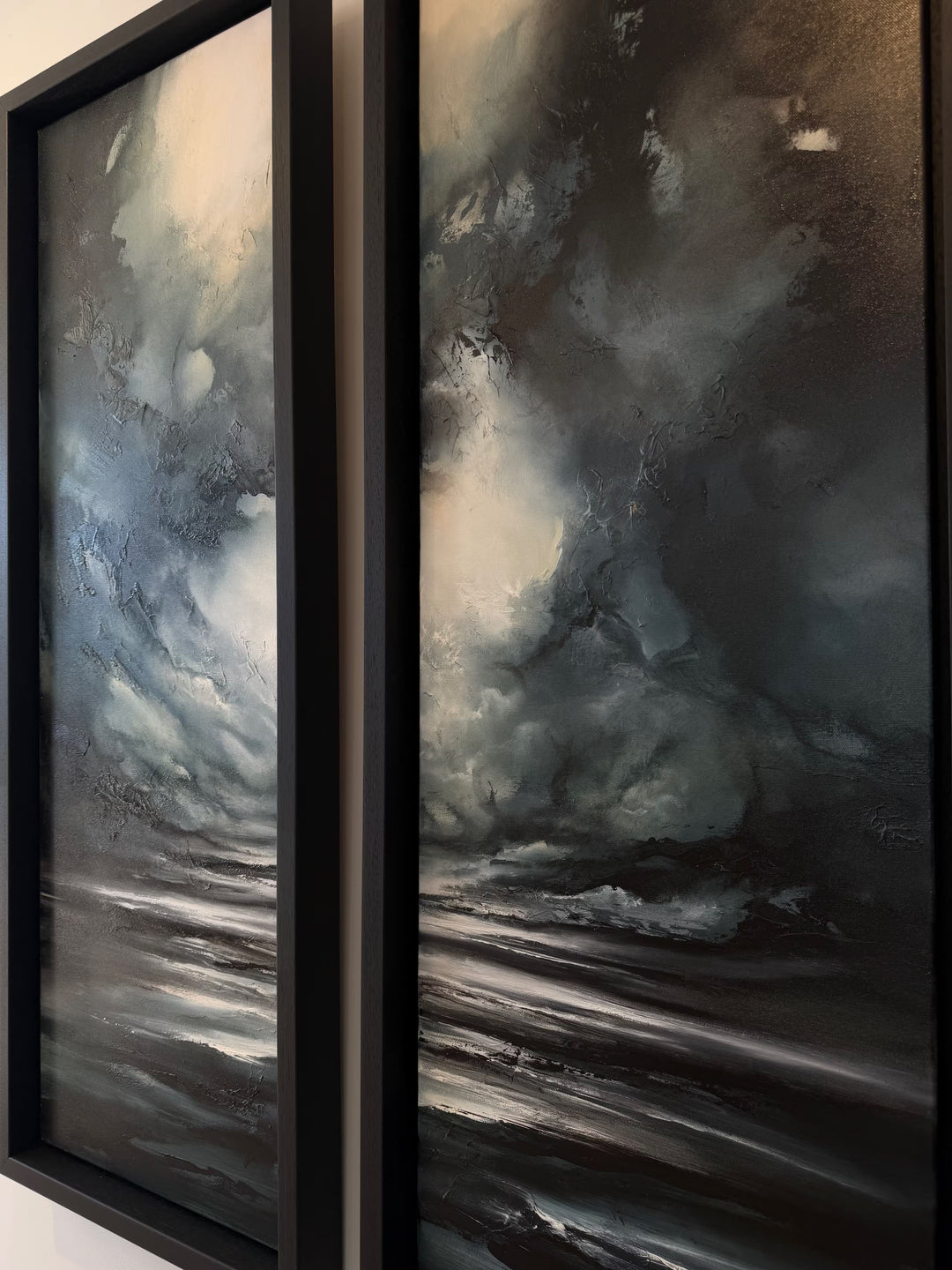 A Simon Kenny original diptych of a dark and stormy sky, the title is Winter I &amp; II (Diptych)