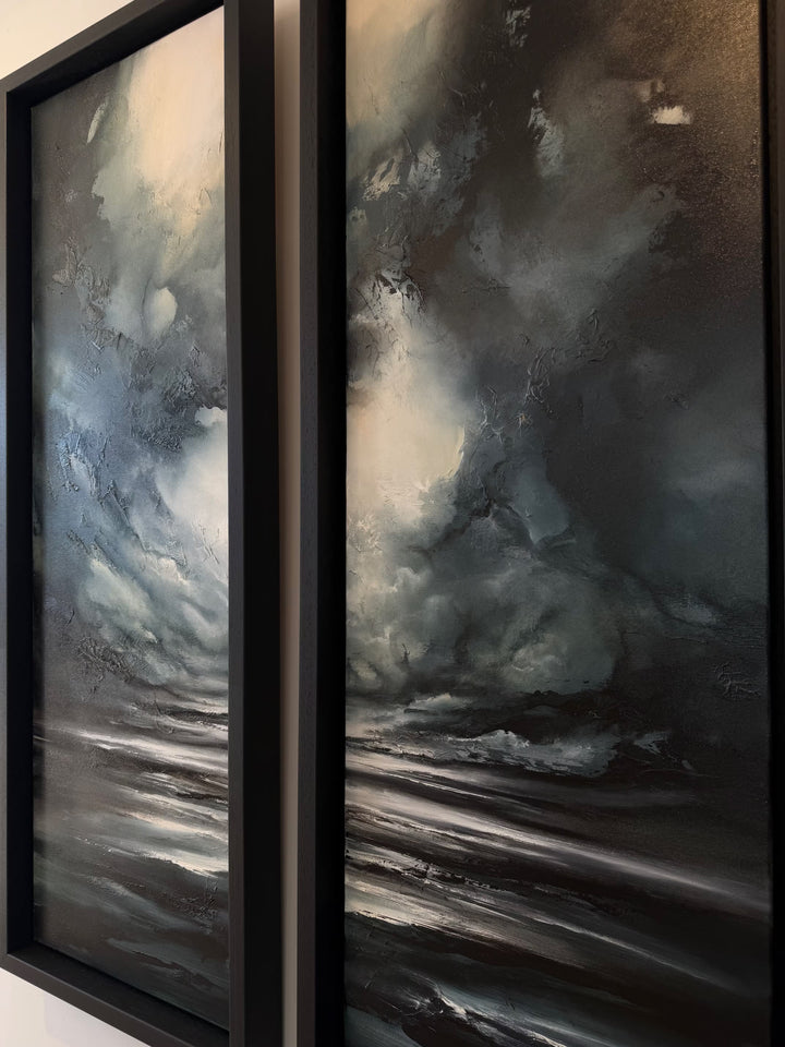 A Simon Kenny original diptych of a dark and stormy sky, the title is Winter I &amp; II (Diptych)