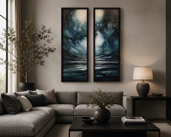 A Simon Kenny original diptych of a dark and stormy sky, the title is Winter I &amp; II (Diptych)