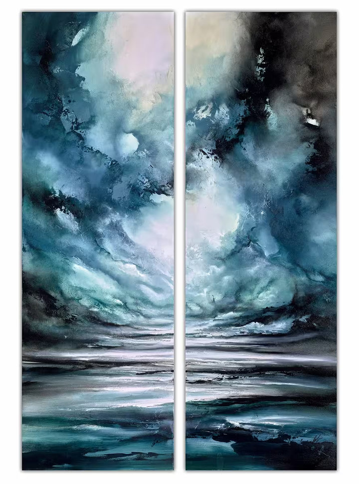 A Simon Kenny original diptych of a dark and stormy sky, the title is Winter I &amp; II (Diptych)