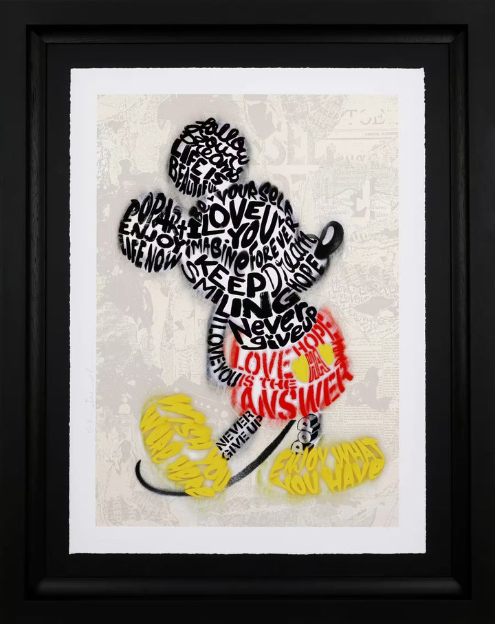A Mr Brainwash framed limited edition of a silhouette of Mickey Mouse made up of different words, the title is Written In Love