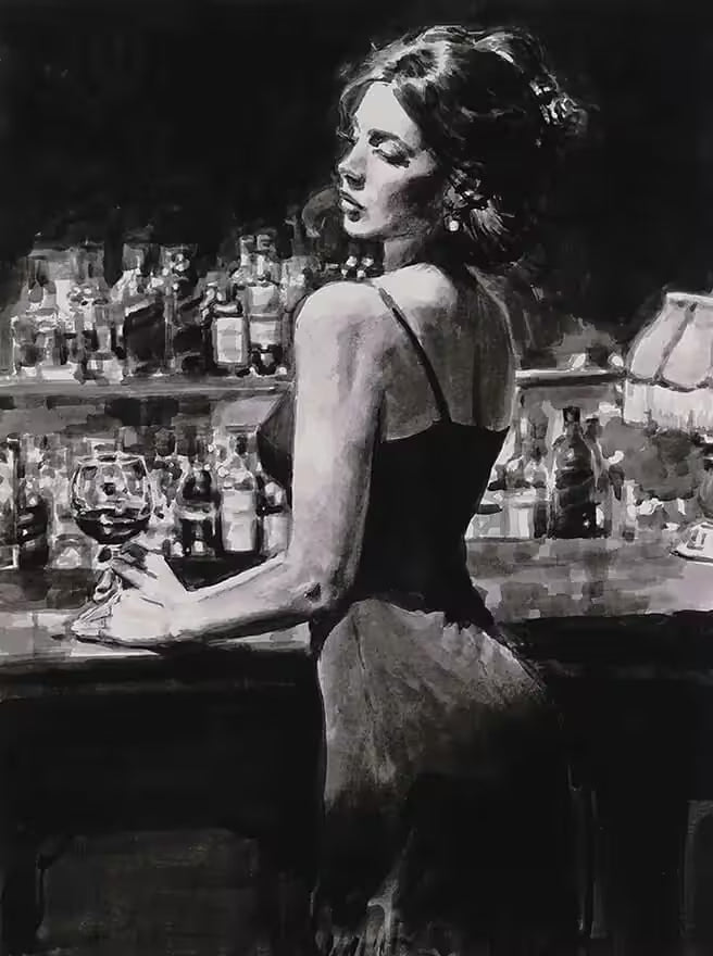 A Fabian Perez black and white limited edition of a woman stood at a bar drinking, the title is Yelena At Las Brujas