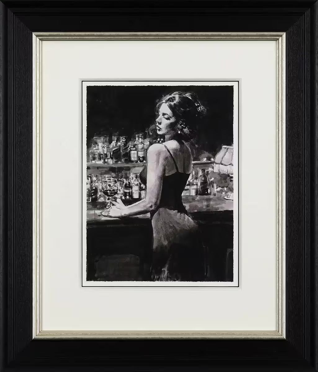 A Fabian Perez framed black and white limited edition of a woman stood at a bar drinking, the title is Yelena At Las Brujas