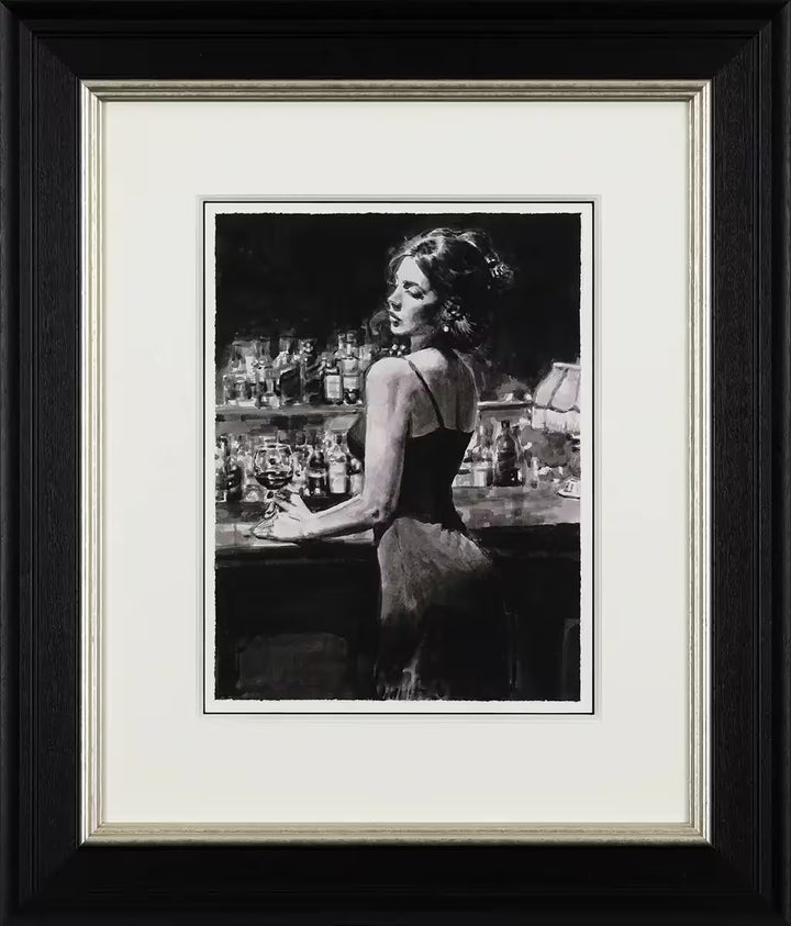 A Fabian Perez framed black and white limited edition of a woman stood at a bar drinking, the title is Yelena At Las Brujas