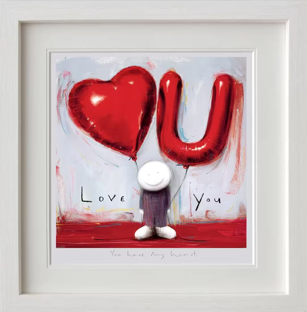 A Doug Hyde framed limited edition of a person holding a red heart balloon and a red balloon of the letter &