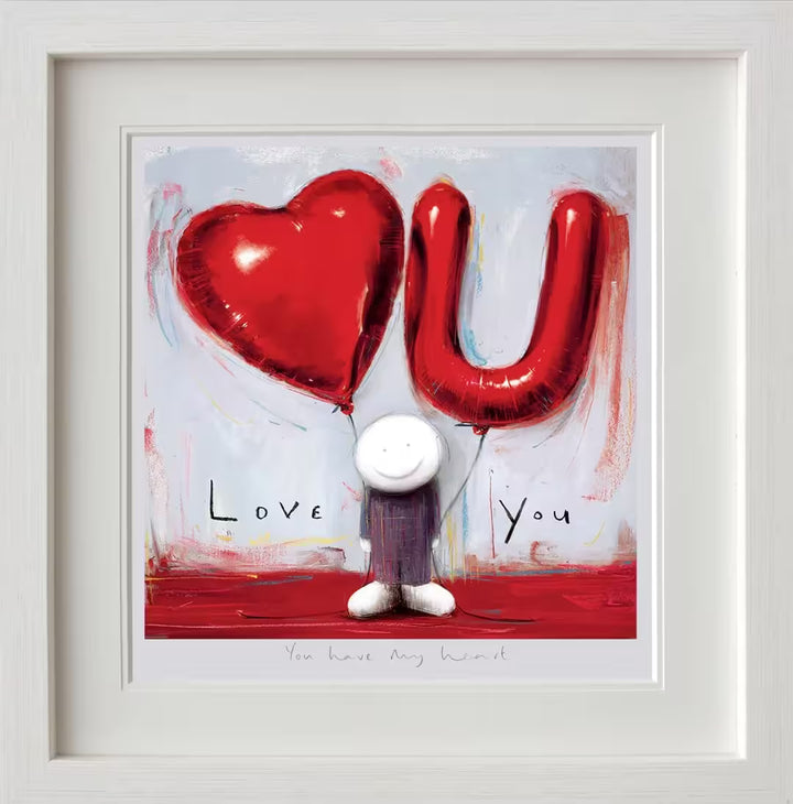 A Doug Hyde framed limited edition of a person holding a red heart balloon and a red balloon of the letter &