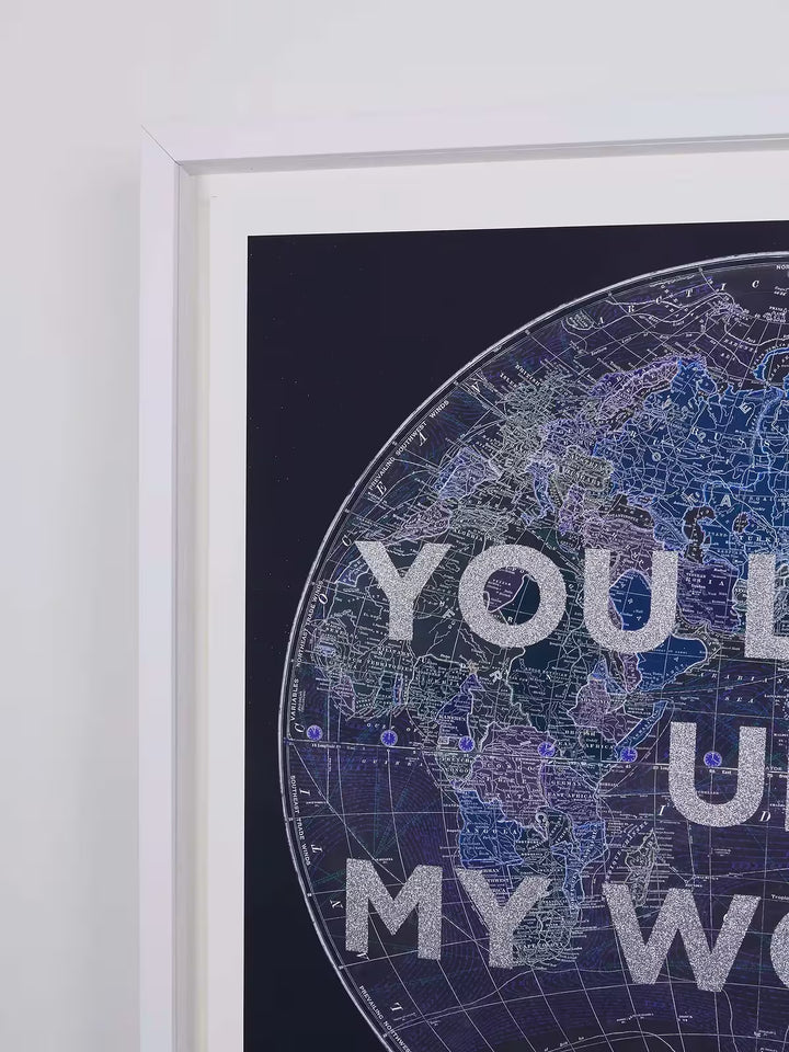 A limited edition piece by The Real Hackney Dave of a map of the globe with screenprint over the top, the title is You Light Up My World