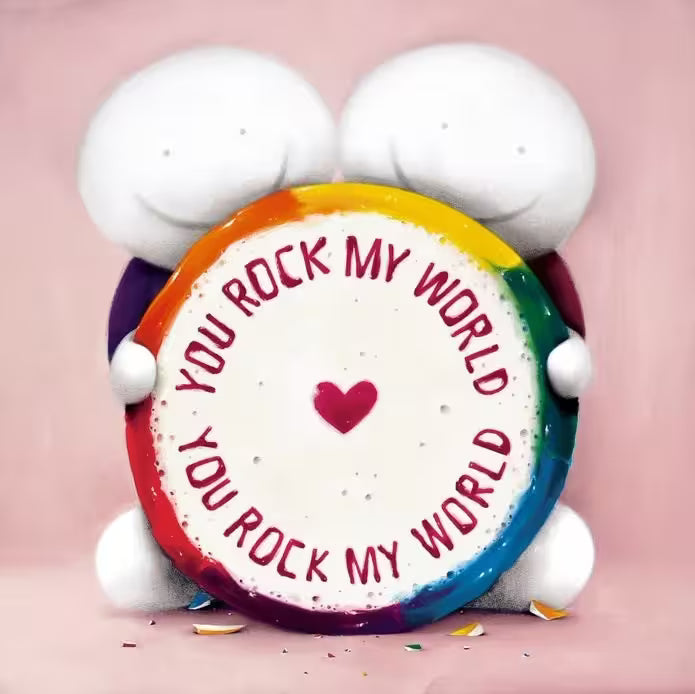 A Doug Hyde limited edition print of two people with a big circle of rock candy in front of the, the rock reads 'You Rock My World', the title is You Rock My World