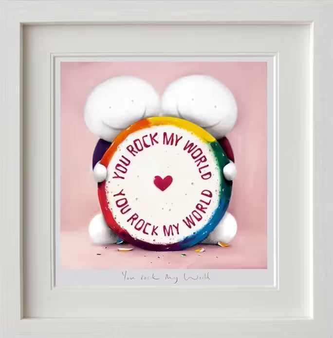 A Doug Hyde framed limited edition print of two people with a big circle of rock candy in front of the, the rock reads &