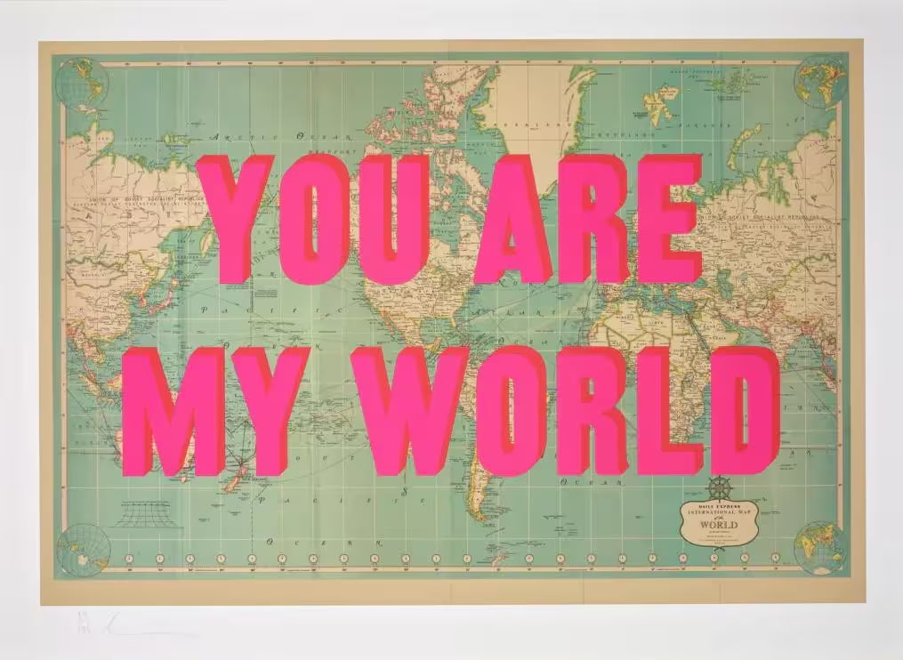 A limited edition piece by The Real Hackney Dave of a map with pink screenprint on top, the title is You Are My World