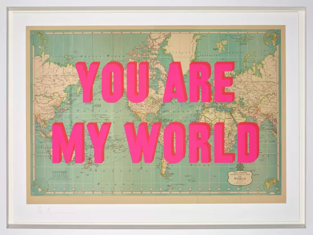 A limited edition piece by The Real Hackney Dave of a map with pink screenprint on top, the title is You Are My World