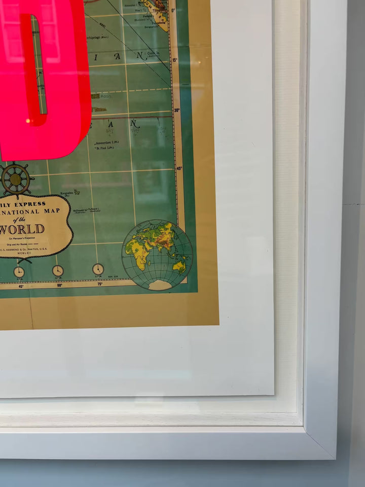 A limited edition piece by The Real Hackney Dave of a map with pink screenprint on top, the title is You Are My World