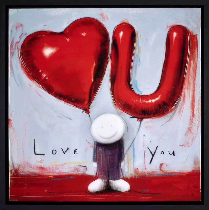 A Doug Hyde framed limited edition of a person holding a red heart balloon and a red balloon of the letter &